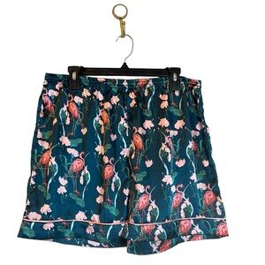 THEIR NIBS Women’s Pajamas Shorts XL Green Satin Pink Flamingo Floral Summer PJs
